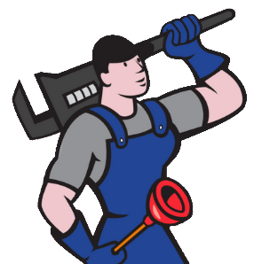 Done-Rite plumber mascot holding a pipe wrench and a plunger